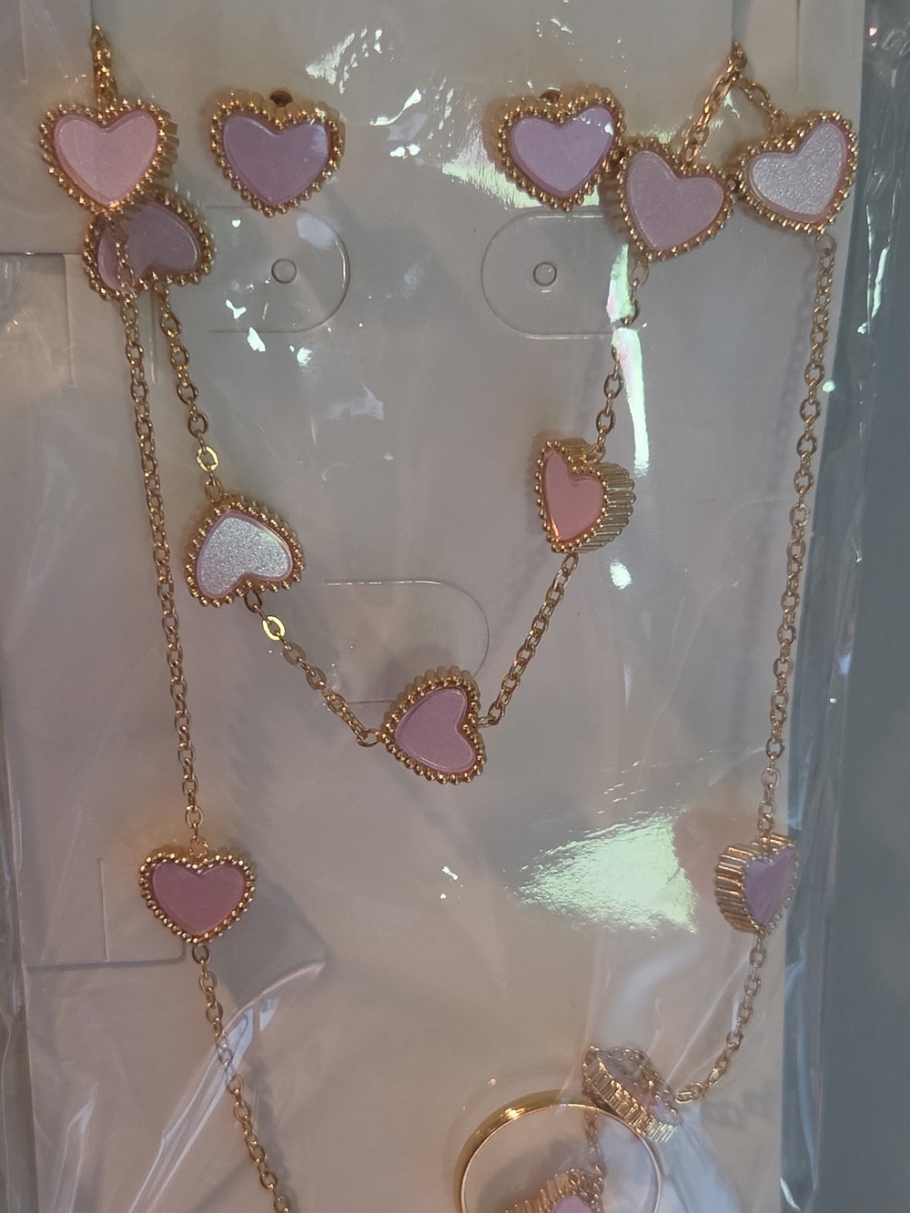 Gold-Tone Pink Heart Necklace & Earring Set
